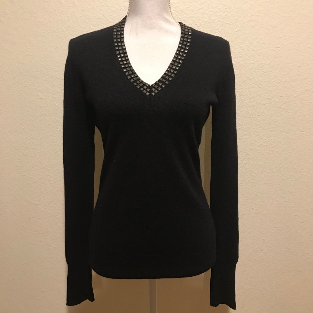 V-Neck Black Sweater with Studded Trim